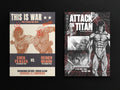 Two posters from 'Attack on Titan' featuring Eren Yeager and Reiner Braun on a black background.