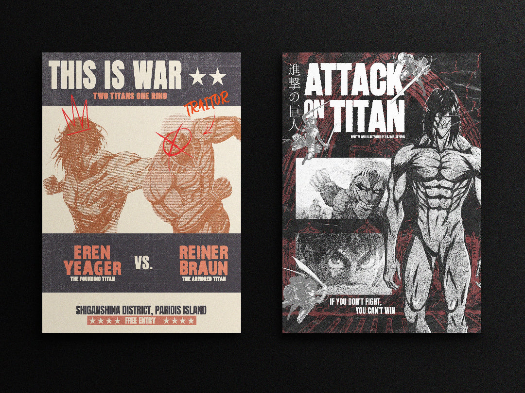 Two posters from 'Attack on Titan' featuring Eren Yeager and Reiner Braun on a black background.
