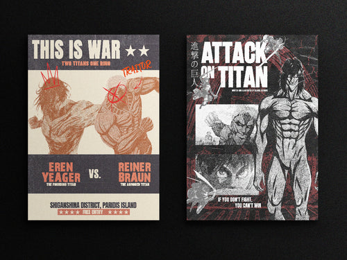 Two posters from 'Attack on Titan' featuring Eren Yeager and Reiner Braun on a black background.